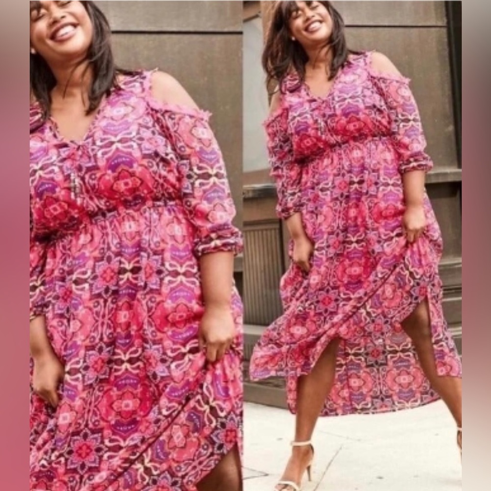 Lane Bryant NWT Dress Size 20 Pink Boho Cold Shoulder Floral Maxi Chiffon Flowy.